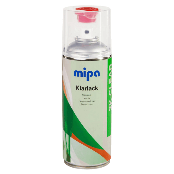 Mipa 2K Clearcoat Spray Set Including Hardener canister showcasing high-gloss clearcoat finish.