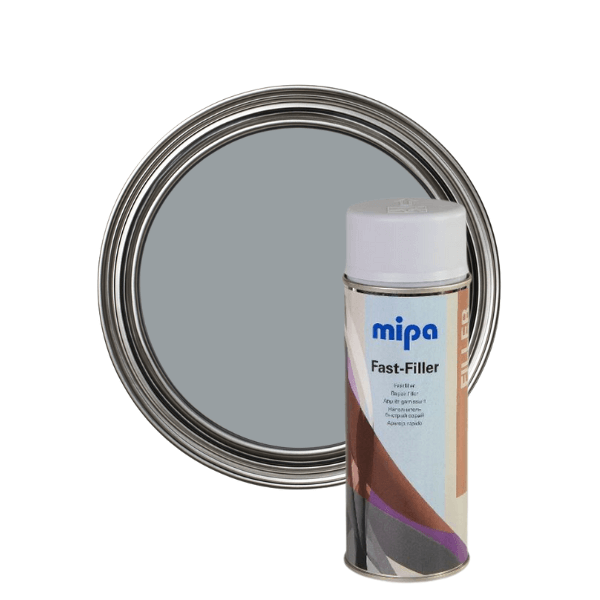 Mipa Fast Filler Spray (400ML) alongside a filled circular can, showcasing high-performance filler.