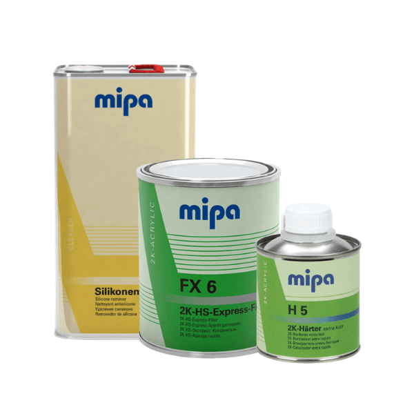 Mipa Express Primer Kit components including cleaner, FX 6, and H 5 for high-speed refinishing.