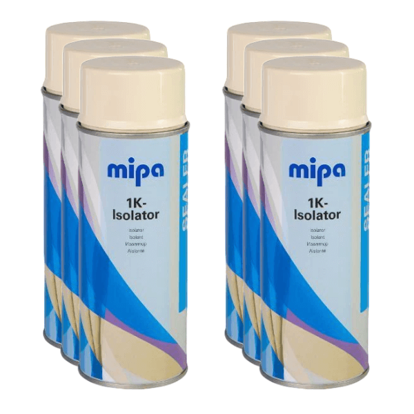 Mipa 1K Isolator Spray (400ML) cans arranged in a row for solvent-sensitive paintwork protection.