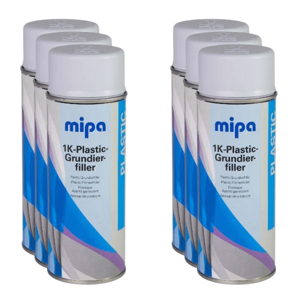 Mipa 1K Plastic Primer Filler Spray (400ml) cans ready for use in automotive plastic refinishing.