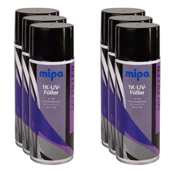 Mipa 1K UV Filler Spray (400ML) cans arranged for automotive refinishing and plastic surfaces.