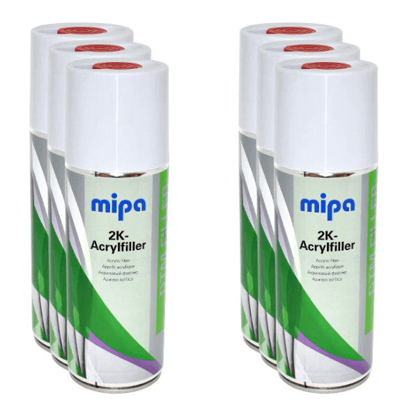 Mipa 2K Acrylic Filler Spray Including Hardener (400ML) - Set of six cans for effective surface preparation.