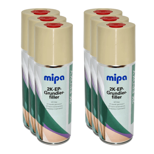 Mipa 2K Epoxy Primer Filler Spray Including Hardener (400ML) aerosol cans arranged in a row.