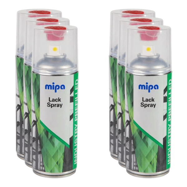 Mipa 2K Pre-Charged (PU) 400ml aerosol spray cans in a row for industrial applications.