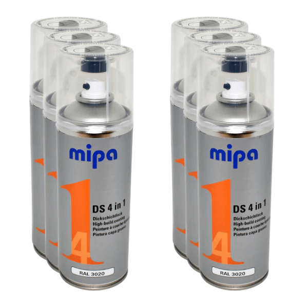 Mipa 4 in 1 DS Spray Paint (400ml) cans lined up, showcasing high-build acrylic paint for various surfaces.