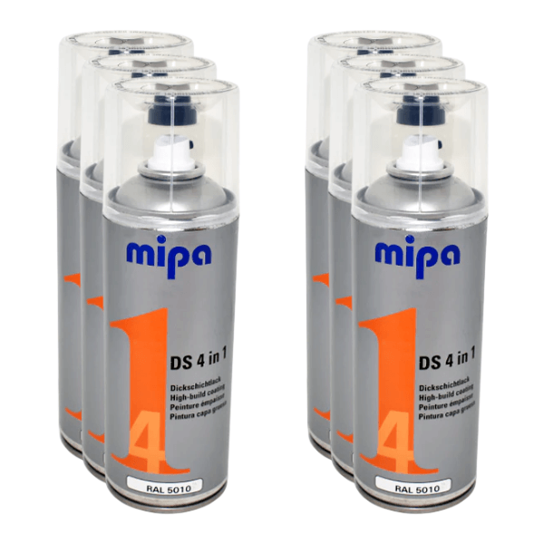 Mipa 4 in 1 DS Spray Paint (400ml) cans displaying high-build acrylic paint for various surfaces.