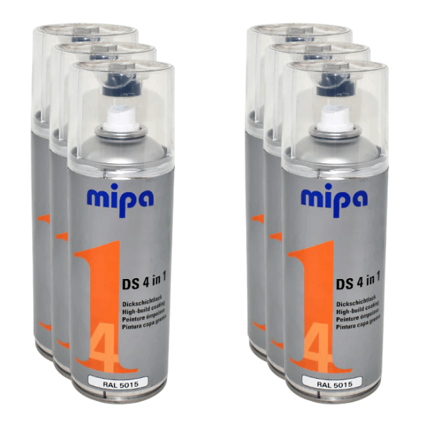 Mipa 4 in 1 DS Spray Paint (400ml) six spray cans displayed together, showcasing high-build acrylic paint features.