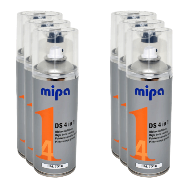 Mipa 4 in 1 DS Spray Paint (400ml) cans displaying high-build acrylic paint for various surfaces.