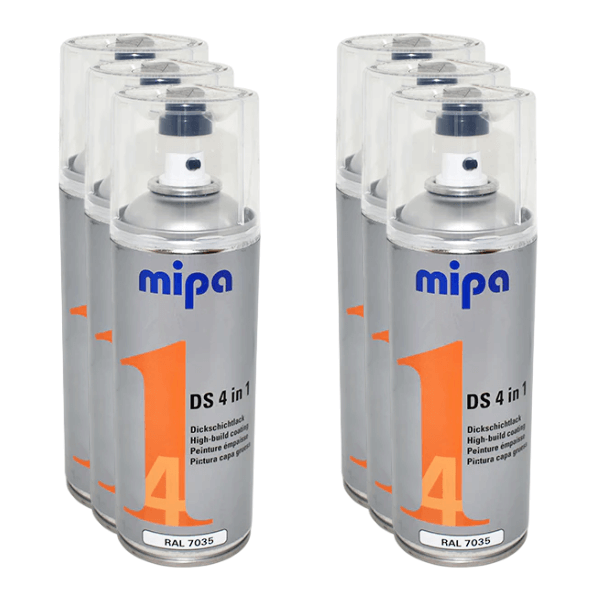 Mipa 4 in 1 DS Spray Paint (400ml) cans neatly arranged, showcasing high-build acrylic paint for various surfaces.