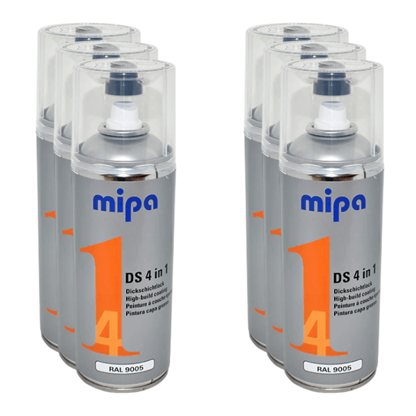 Mipa 4 in 1 DS Spray Paint (400ml) cans arranged for display, showcasing versatility for various surfaces.