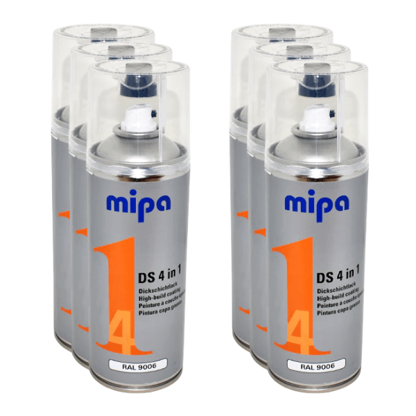 Mipa 4 in 1 DS Spray Paint (400ml) cans stacked for high-performance acrylic application.