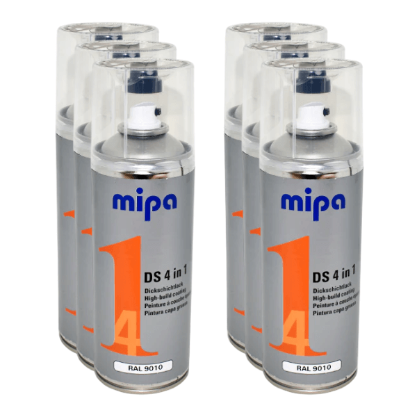 Mipa 4 in 1 DS Spray Paint (400ml) cans grouped together, showcasing high-build acrylic paint for versatile use.