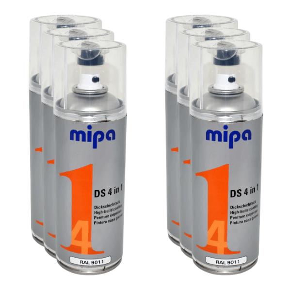 Mipa 4 in 1 DS Spray Paint (400ml) cans showcasing high-build acrylic for metal, plastic, and wood surfaces.