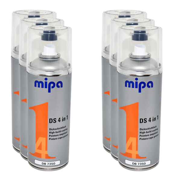 Mipa 4 in 1 DS Spray Paint (400ml) cans displayed in a group, highlighting high-build acrylic paint features.