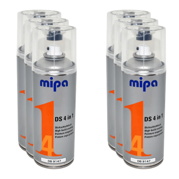 Mipa 4 in 1 DS Spray Paint (400ml) - Set of four cans showcasing high-build acrylic paint.