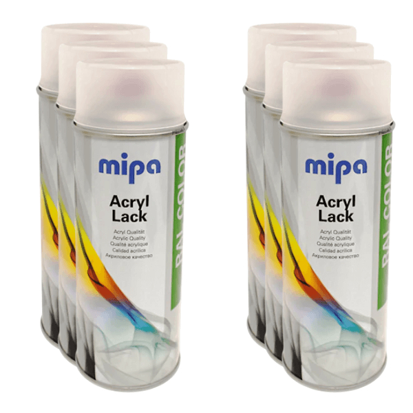 Mipa Acrylic Topcoat Matt Aerosol (400ML) cans displayed in a row showcasing the product's design and branding.