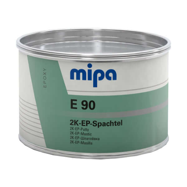 E90 2K Epoxy Putty 1 Kg in a tin can from Mipa, designed for automotive and industrial applications.