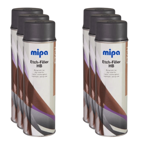 Mipa Etch Filler High Build (500ML) spray cans showcasing high-quality self-etching primer and filler.