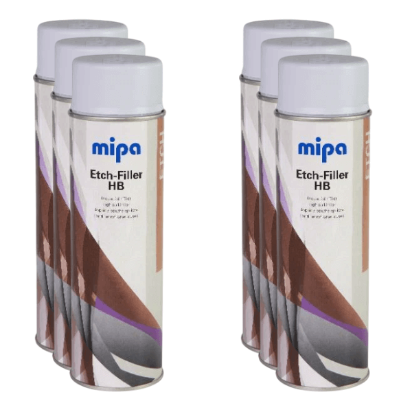 Mipa Etch Filler High Build (500ML) spray cans displayed in a row, showcasing high-quality self-etching primer and filler.