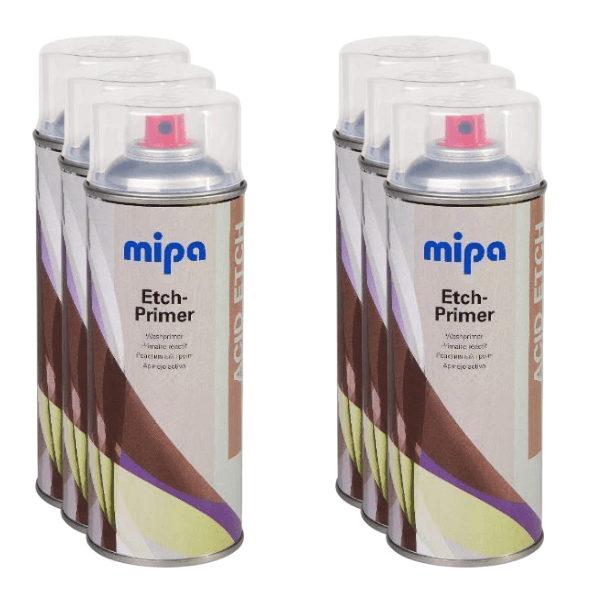 Mipa Etch Primer (400ML) spray cans arranged in a row for metal surface preparation and adhesion.
