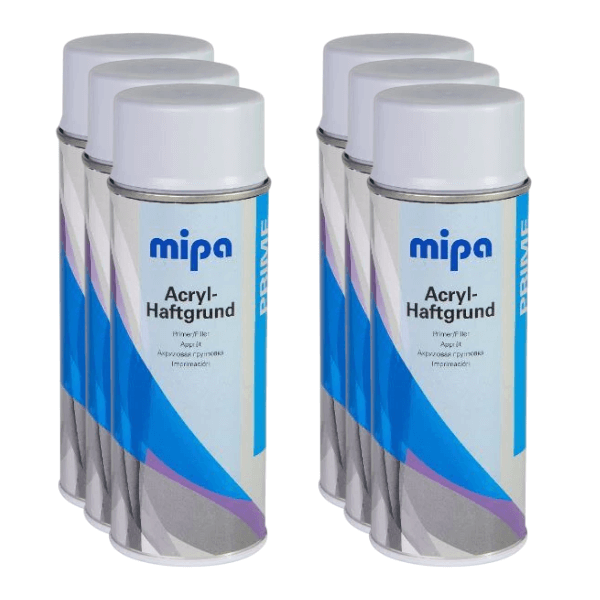 Mipa High Build Primer Filler (400ML) cans arranged in a row, ideal for surface leveling and adhesion promotion.