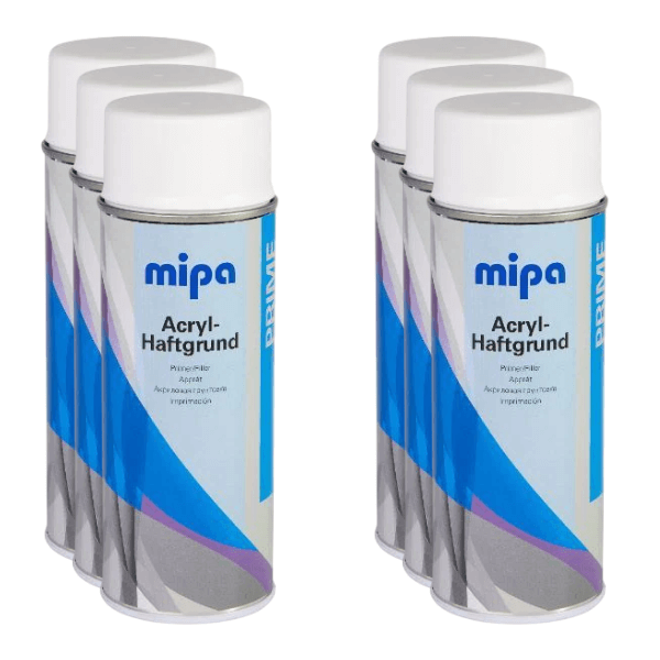 Mipa High Build Primer Filler (400ML) cans showcasing high-quality acrylic primer for professional refinishing.