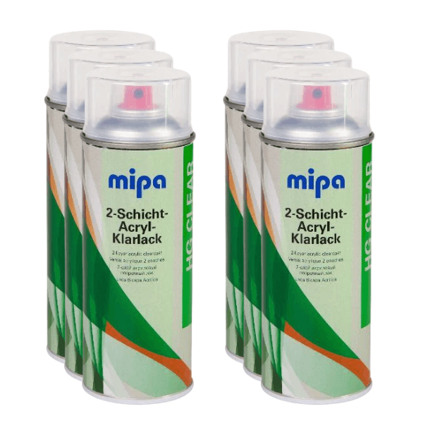 Mipa High Quality Clear Lacquer Spray (400ML) in a pack of six, ideal for professional paint finishing.
