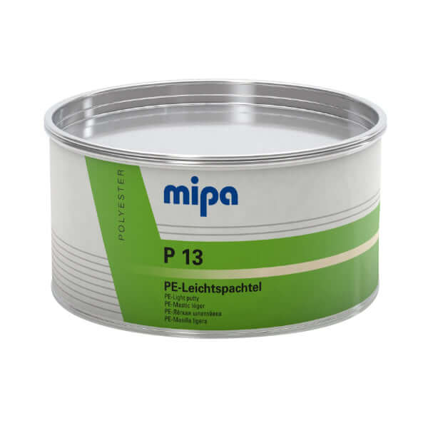 Mipa P13 PE Light Filler with Hardener 1L can in an automotive body filler tin.
