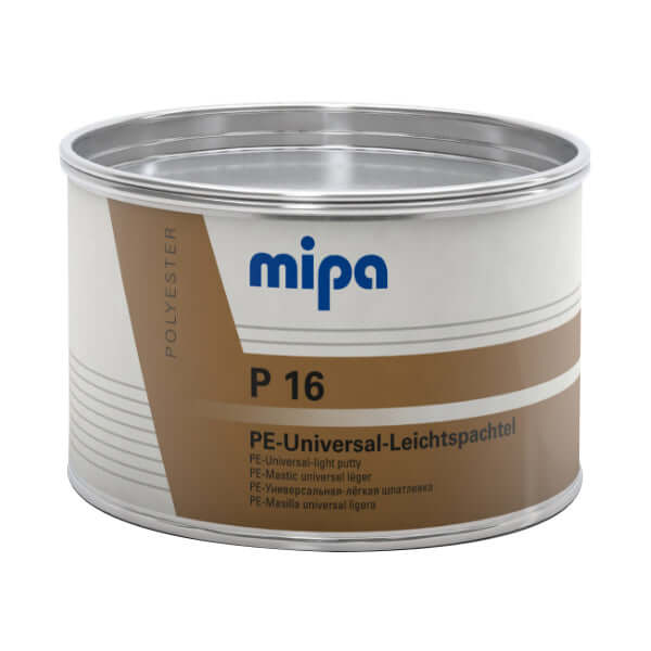 Mipa P16 Putty with Hardener 1L packaging for professional automotive repairs and refinishing.