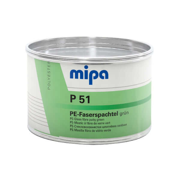 P51 1Kg Glass Fibre Filler Incl. Hardener (1KG) in a green container for automotive repairs.