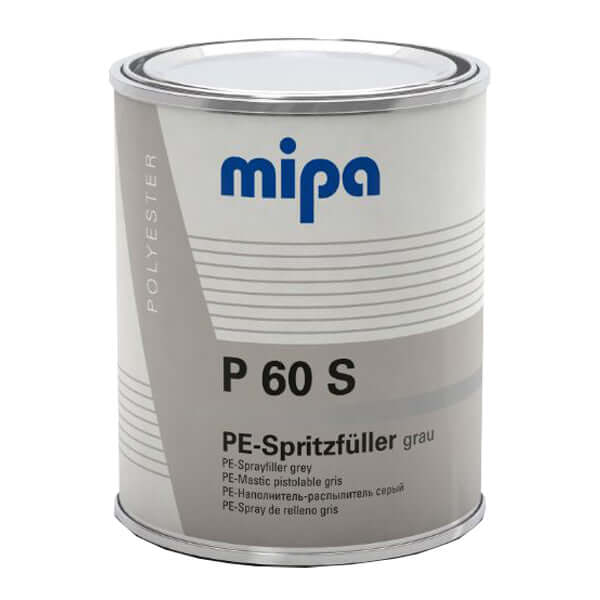 Mipa P60S Grey Polyester Spray Filler with Hardener 1Ltr in a can, designed for automotive and industrial use.