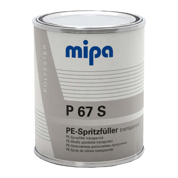 Mipa P67 S Bodyfiller Incl Hardener 1Kg canister for automotive refinishing projects.