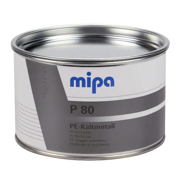 Mipa P80 PE Hard Putty with Hardener 1kg in a metal can for automotive repairs and refinishing.