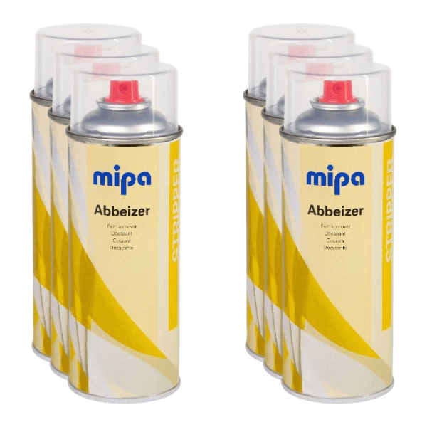 Mipa Paint Stripper Aerosol (400ML) – six cans displayed, safe and effective paint remover for various surfaces.