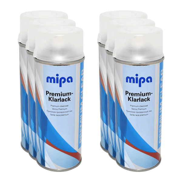 Mipa Premium Clearcoat Spray (400ML) cans arranged, showcasing high-quality 1K clearcoat for premium finishes.