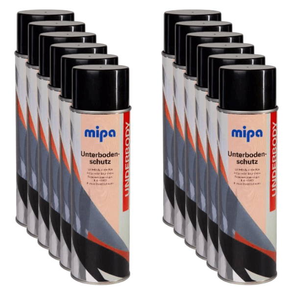 Mipa Underbody Spray Bitumen Black (500ML) - 12 cans of heavy-duty rubber-bitumen coating for vehicle protection.
