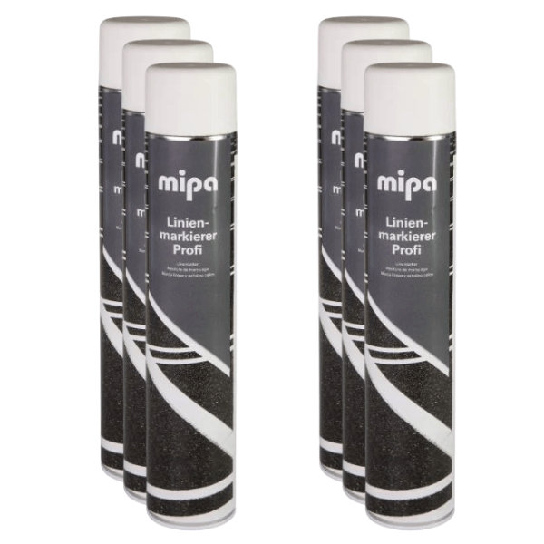 Mipa Line Marking Aerosol cans arranged for professional marking on various surfaces.