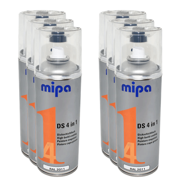 Mipa 4 in 1 DS Spray Paint (400ml) cans displayed for high-build acrylic paint application.