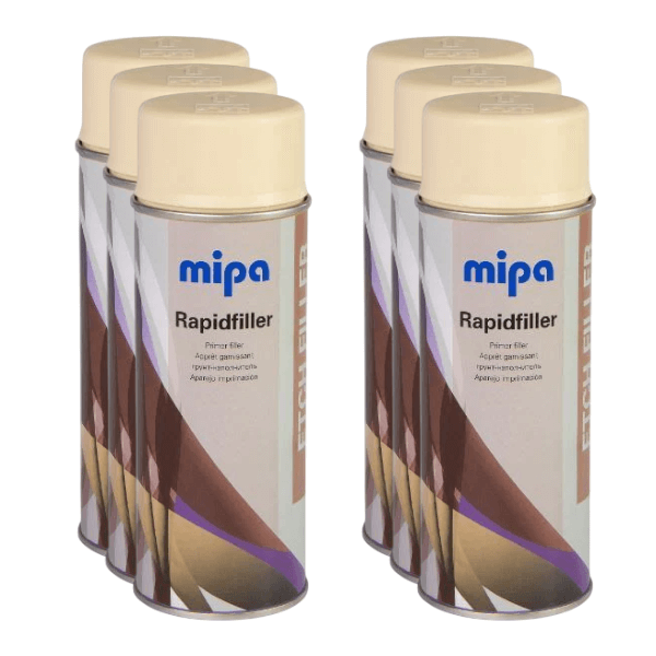 Mipa Rapid Filler Etch Primer Spray (400ML) cans arranged, showcasing effective corrosion protection and high-filling power.