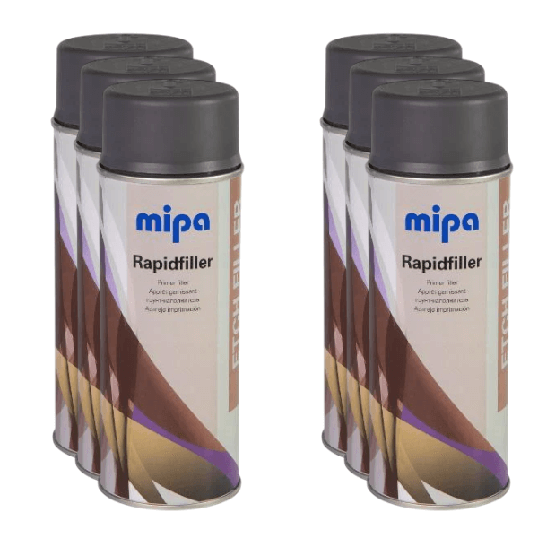 Mipa Rapid Filler Etch Primer Spray (400ML) cans arranged in a row, ideal for professional-quality repairs.