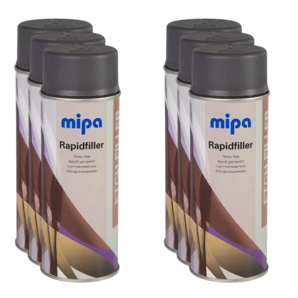 Mipa Rapid Filler Etch Primer Spray (400ML) shown in a set of six cans for efficient corrosion protection.