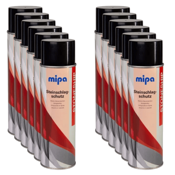 Mipa Stonechip Black Aerosol (500ML) cans lined up for effective stone chip and corrosion protection.
