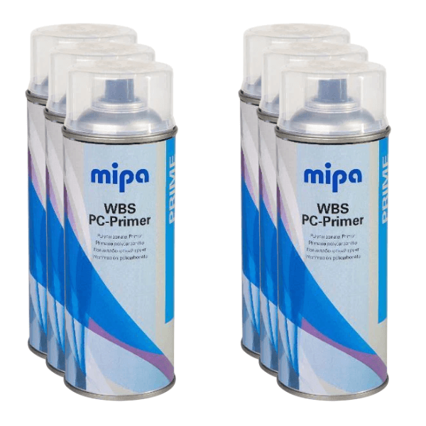 Mipa WBS PC Primer Aerosol (400ML) - pack of six cans for plastic refinishing and adhesion promotion.