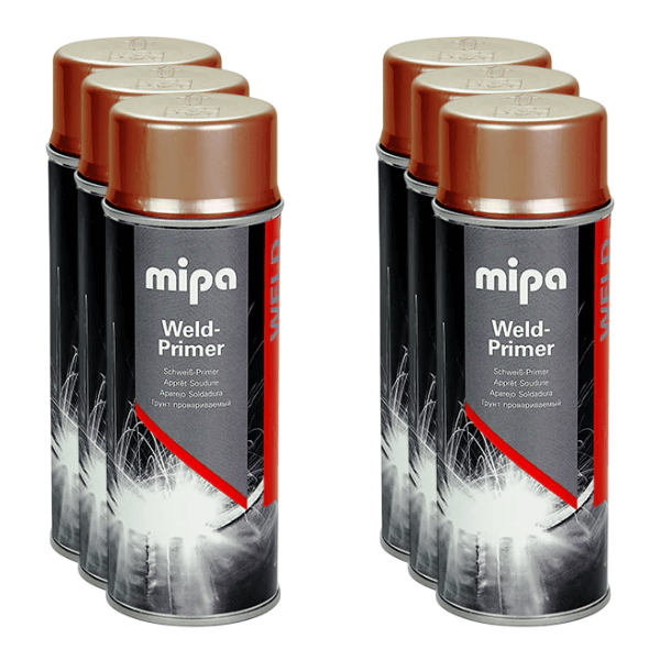 Mipa Weld-Primer Spray (400 ml) cans arranged in a group for professional welding applications.