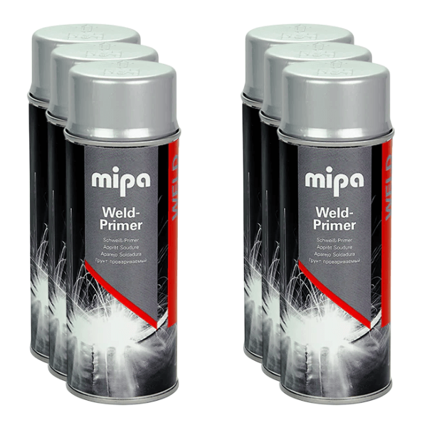 Mipa Weld-Primer Spray (400 ml) pack of six cans for high-adhesion, fast-drying welding applications.