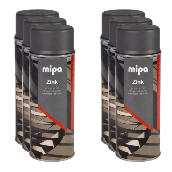 Mipa Zinc Silver Spray (400ML) cans arranged in a row, ideal for quick repairs on galvanised surfaces.