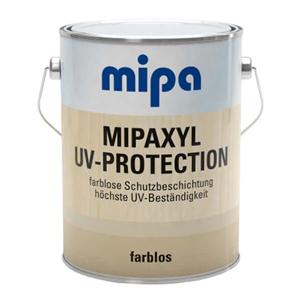 Mipaxyl UV-Protection 2.5L can for colorless wood coating, designed to protect against UV exposure and harsh weather.