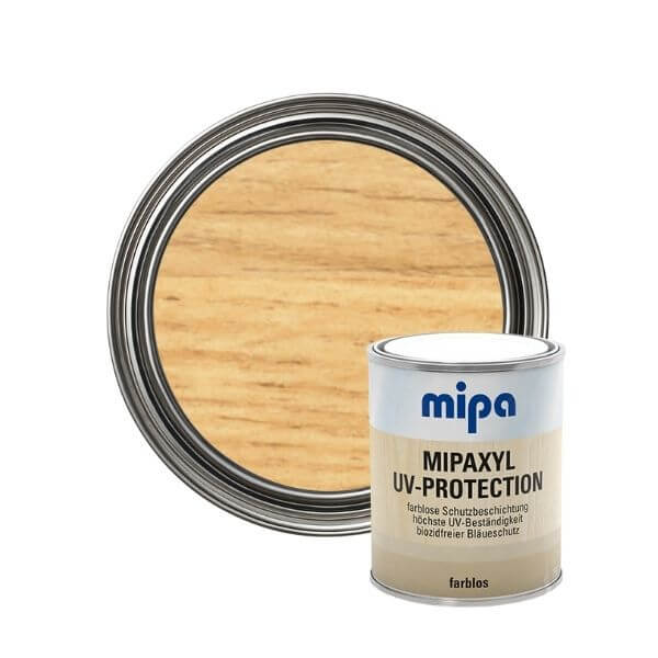 Mipaxyl UV-Protection 750ml wood coating can with a wooden surface sample for UV protection.