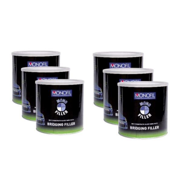 Monofil Bridging Filler inc Hardener - six cans of glass fibre reinforced putty for automotive and marine repairs.
